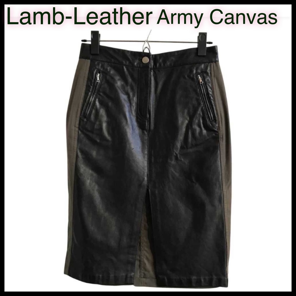 MW Lambskin Leather Army Green Canvas MIDI Skirt - Picture 10 of 11